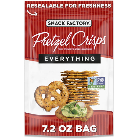 Dip or no dip, Snack Factory Everything Pretzel Crisps are flat-out delicious. Our Everything Pretzel Crisps are generously sprinkled with poppy seeds, onion, garlic and salt. How much more flavor could you want? A modern, gourmet twist on an old favorite, these thin and crunchy pretzel chips give you the best part of traditional pretzels without the doughy center. They’re perfectly seasoned and baked just right for a hearty, satisfying crunch in a slim, sturdy shape that's dippable, toppable and deliciousl