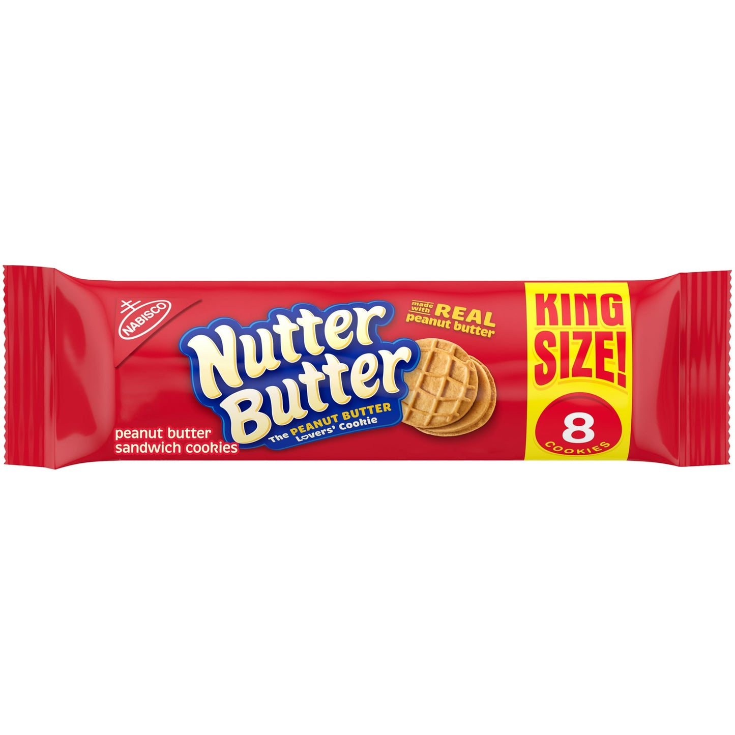 Nutter Butter Peanut Butter Sandwich Cookies satisfy the peanut butter lovers in your family with a snack that's ready to enjoy. Made with real peanut butter, these cookies have a crunchy texture and a smooth, creamy filling between two crispy wafers for a sweet and savory snack. These sandwich cookies come in a round shape with a peanut shell design, making snacking fun for all ages. Individual 3.5 ounce king size snack packs each contain eight cookies, making them perfect for lunches, road trips or on-the